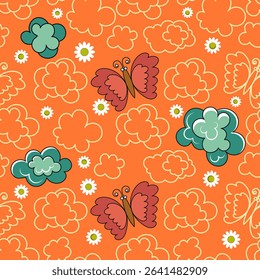 Seamless pattern with pink butterflies, clouds and daisies on an orange background. Vector illustration