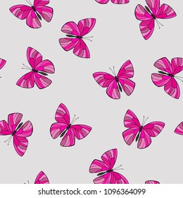 Seamless pattern with pink butterflies on pastel grey background.  Hand drawn vector illustration.