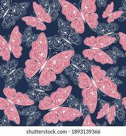 Seamless pattern with pink butterflies on the blue background. Vector illustration