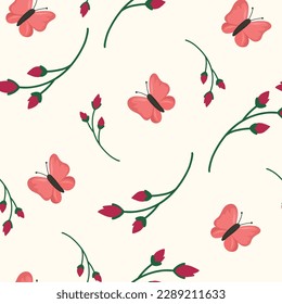 Patrón sin foco con mariposas rosadas y plantas en un fondo claro. Impresión de primavera