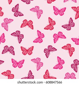 Seamless pattern with pink butterflies. Vector illustration.