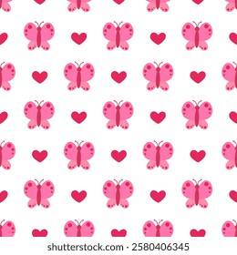 Seamless Pattern. Pink Butterfly with abstract ornament design wings and hearts. Vector illustration.