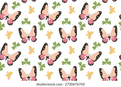 Patrón sin fisuras con una mariposa rosa y hojas de trébol. Mariposa de verano. Ilustración de insecto de primavera. Hermosas polillas tropicales de verano dibujadas a mano. Estilo plano.