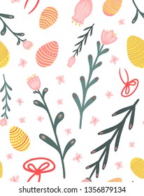 Seamless pattern the pink butterfly and flowers - vegetation - stems, egg, pink ribbons. Seamless illustration for gift packaging
Happy easter day! Easter egg. 
