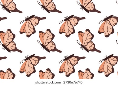 Patrón sin fisuras con una mariposa rosa con alas plegadas. Mariposa de verano. Ilustración de insecto de primavera. Hermosas polillas tropicales de verano dibujadas a mano. Estilo plano.
