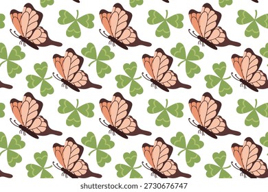 Patrón sin fisuras con una mariposa rosa con alas dobladas y trébol. Mariposa de verano. Ilustración de insecto de primavera. Hermosas polillas tropicales de verano dibujadas a mano. Estilo plano.