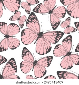 Seamless pattern of pink butterfly. Hand drawn illustration vector. Painted butterflies elements on white background. Animal motif abstract. For fabric, textile, design, banner, wrapping 