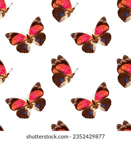 Seamless pattern with pink butterfly. Tropical insect. Neon colors. Stock vector illustration isolated on white background.