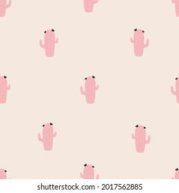 Seamless pattern pink cactus. Cartoon childish hand-drawn illustration.Colorful doodle in a limited palette for printing baby fabrics, packaging, wallpapers.