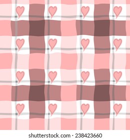 Seamless pattern in pink cage and hearts.