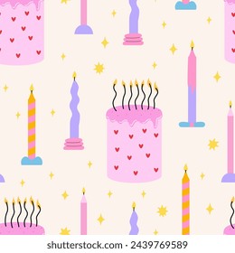 Seamless pattern with pink cakes and candles. Vector flat background. Birthday holiday concept