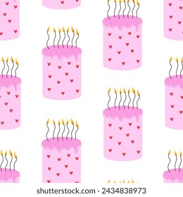 Seamless pattern with pink cakes and canfles. Cute cakes with hearts. Vector flat holiday background. Birthday party concept
