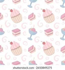 Padrão sem costura de bolos cor-de-rosa, sorvetes e cupcakes com cerejas em um fundo branco