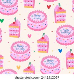 Seamless pattern with pink cakes. Vector flat background. Happy birthday holiday cakes