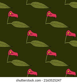 Patrón sin foco con flores de calila rosa sobre fondo verde oscuro. Estilo Doodle. Imagen vectorial.