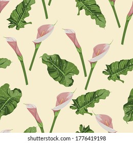 Seamless pattern of pink calla lily flowers with leaves on yellow background. Blooming flower for your design.