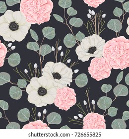 Seamless pattern with pink camellias, white anemone flowers and eucalyptus. Winter floral design for wedding invitation, wallpaper, print. Vintage hand drawn vector illustration in watercolor style