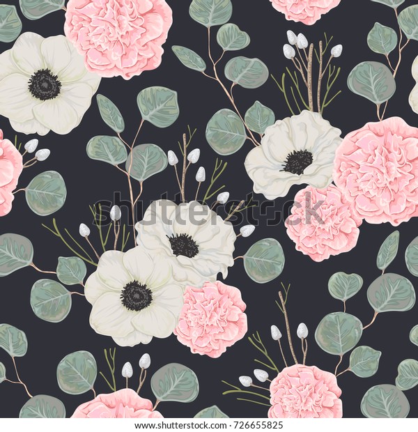 Seamless Pattern Pink Camellias White Anemone Stock Vector (Royalty