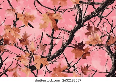 A seamless pattern of pink camouflage with branches and leaves, creating an outdoor-inspired design for hunting gear or camping attire.Conifer tree, branches and leaves. Useable for hunting and milita