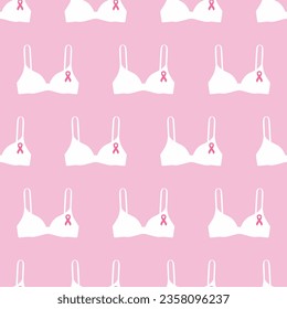 Nahtloses Muster mit rosafarbenen Krebsbändern auf BHs. Brustkrebs-Bewusstsein Monat rosa-weißer Hintergrund. Krebsbandsymbol. Krebsprävention, Gesundheitsversorgung von Frauen. handgezeichnete Vektorgrafik