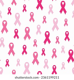 Patrón sin foco con cintas de cáncer rosadas. Mes de Concienciación sobre el Cáncer de Mama con antecedentes rosados y blancos. Símbolo de la cinta de cáncer. Prevención del cáncer, apoyo a la salud de las mujeres. Ilustración vectorial dibujada por mano