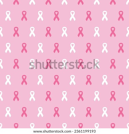 Seamless pattern with pink cancer ribbons. Breast Cancer Awareness Month pink and white background. Cancer ribbon symbol. Cancer prevention, women health care support. Hand drawn vector illustration
