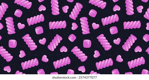 Seamless pattern with pink candies on black background. 3d twisted marshmallow, heart shaped candies and sweets. Birthday or Valentines day print, vector illustration