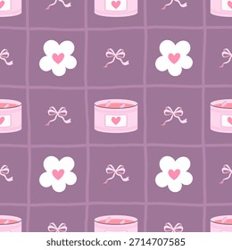 Patrón sin fisuras con velas rosadas, arcos caprichosos y flores en una cuadrícula púrpura suave. Perfecto para el día de San Valentín, tarjetas, papelería, textiles y envolturas.