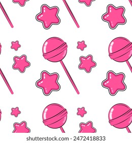 seamless pattern with pink candy, stars, candy on a white background for children 's holidays, wrapping paper, print and textiles	