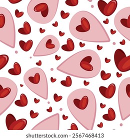 seamless pattern with pink card pin icon and red hearts arranged randomly, valentine's day pattern