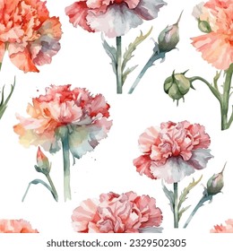 Seamless pattern with pink carnations. Watercolor carnations seamless pattern. Vector illustration