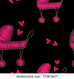 Seamless pattern with pink carriage embroidery stitches imitation on the black background. Fashion shower party girl embroidery seamless background.