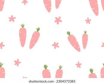 Nahtloses Muster mit rosafarbener Karotte und süßer Blume auf weißem Hintergrund, Vektorgrafik.