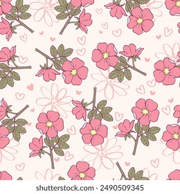 Patrón sin costuras de flores de dibujos animados rosa. Es un patrón que se ve femenino. Patrón para tela y papel de embalaje, Patrón para Fondo de pantalla de diseño y estampados de moda.
