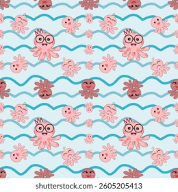 Seamless Pattern with Pink Cartoon Octopuses and Blue Waves on Light Background