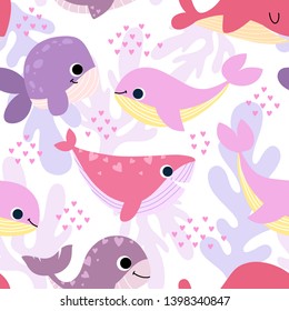 Seamless pattern with pink cartoon whales, dolphins, beluga on white background. Hand drawn flat vector for background, wallpaper, textile, fabric.