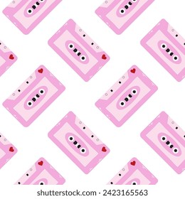 Seamless pattern of pink cassettes. Retro illustration in y2k style.
