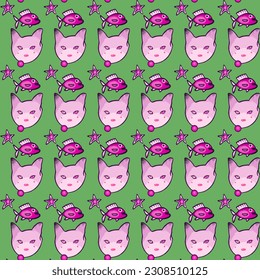 Nahtlose Muster rosa Katze und Fisch. Kreative Kids handgezeichnete Textur für Stoff, Umhüllung, Textilien, Tapeten, Bekleidung. 