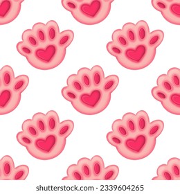 seamless pattern with pink cat paw with heart on a white background