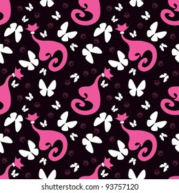 Seamless pattern with pink cats and butterfly