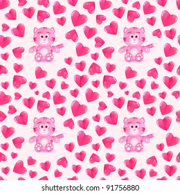 Seamless pattern with pink cats in love and hearts. Vector valentine illustration.