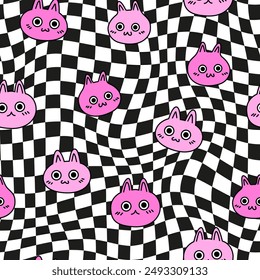 Seamless pattern with pink cats on abstract background. Vector illustration. Cute texture for print, textile, fabric.