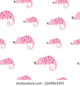 Seamless pattern with pink chameleons in hearts. Illustrations in a modern style for prints, clothing, packaging and postcards.