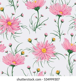 Seamless pattern with pink chamomile flowers. Rustic floral design for wedding invitations and birthday cards. Vintage vector illustration in watercolor style.