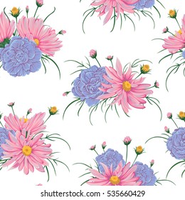 Seamless pattern with pink chamomile and  geranium flowers. Rustic floral design for wedding invitations and birthday cards. Vintage vector illustration in watercolor style.