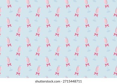 Seamless pattern of pink champagne glasses and bows on soft blue. Festive pastel design for wrapping paper, textiles, stationery, party decor and romantic Valentine themes