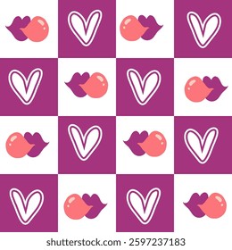 Seamless pattern with pink checkered pattern, bubble lips and hearts. Design for scrapbooking, wrapping paper, wallpaper and textiles