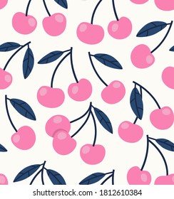 Seamless pattern of pink cherries with blue leaves background elements. Colorful background texture for kitchen, wallpaper, textile, fabric, paper. Vegan food illustration. Concept of summer berries.