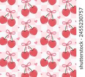 Seamless pattern of pink cherries and bows. Gift ribbons on checkered background. Coquette core cute trendy design. Design for wrapping paper, packaging, fabric, textile, home decor, gifts