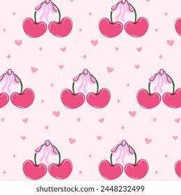 Seamless pattern of pink cherries and bows. Gift ribbons in hand drawn styles. Coquette core cute trendy design. Design for wrapping paper, packaging, background, fabric, textile, home decor, gifts